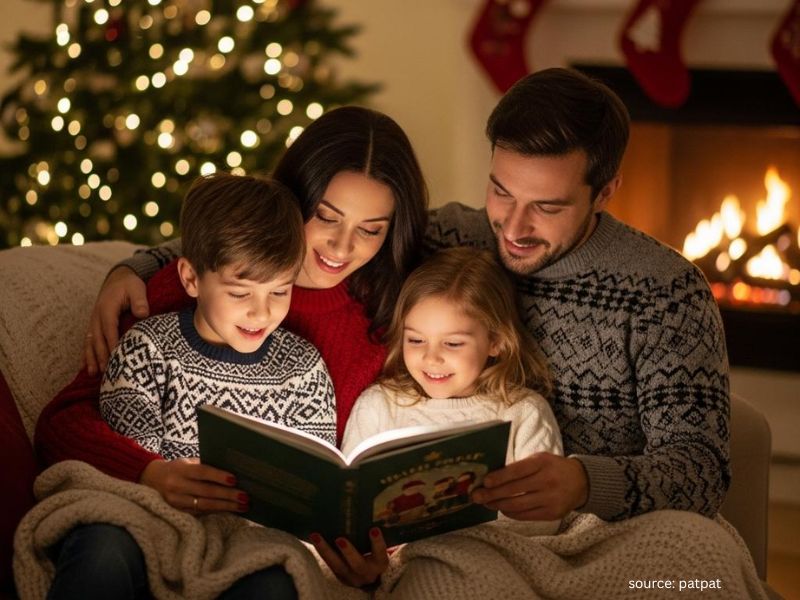 Family reading the Christmas Bible story together at home