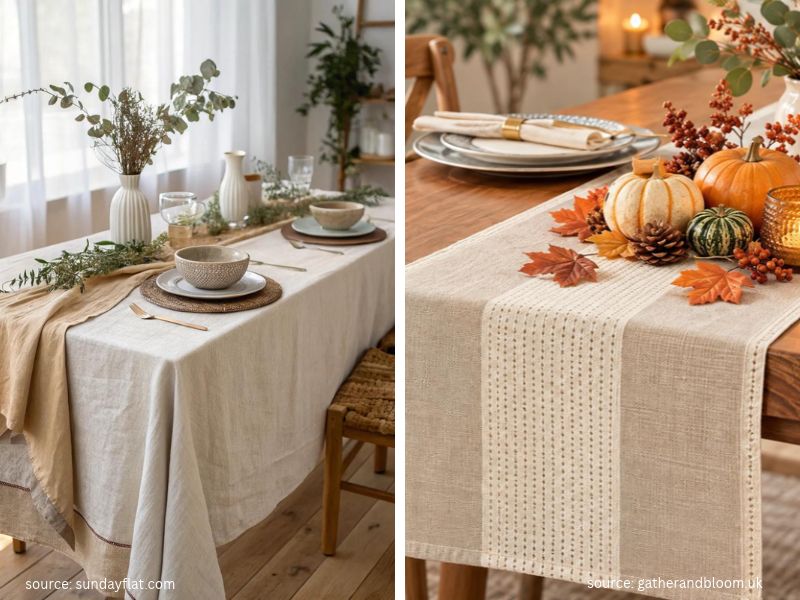 Neutral linen table runner layered over a cream tablecloth on a Thanksgiving dining table