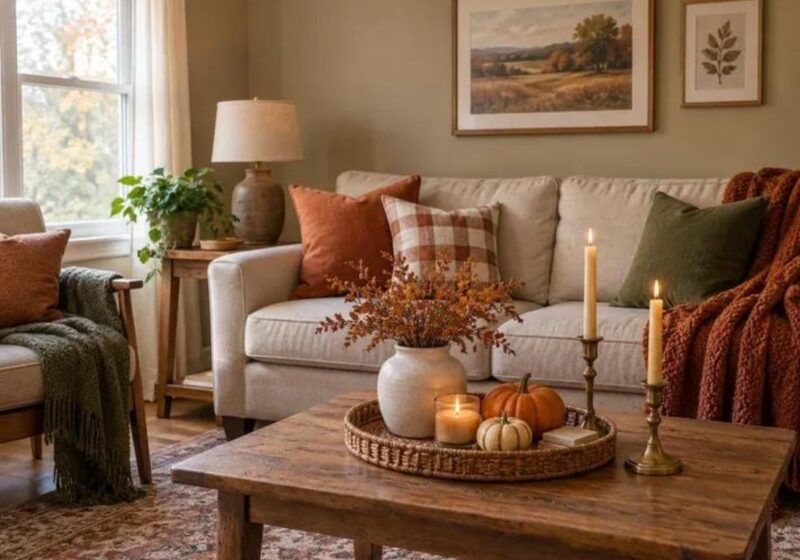 fall decorating ideas for a cosy living room with pumpkins and warm cushions