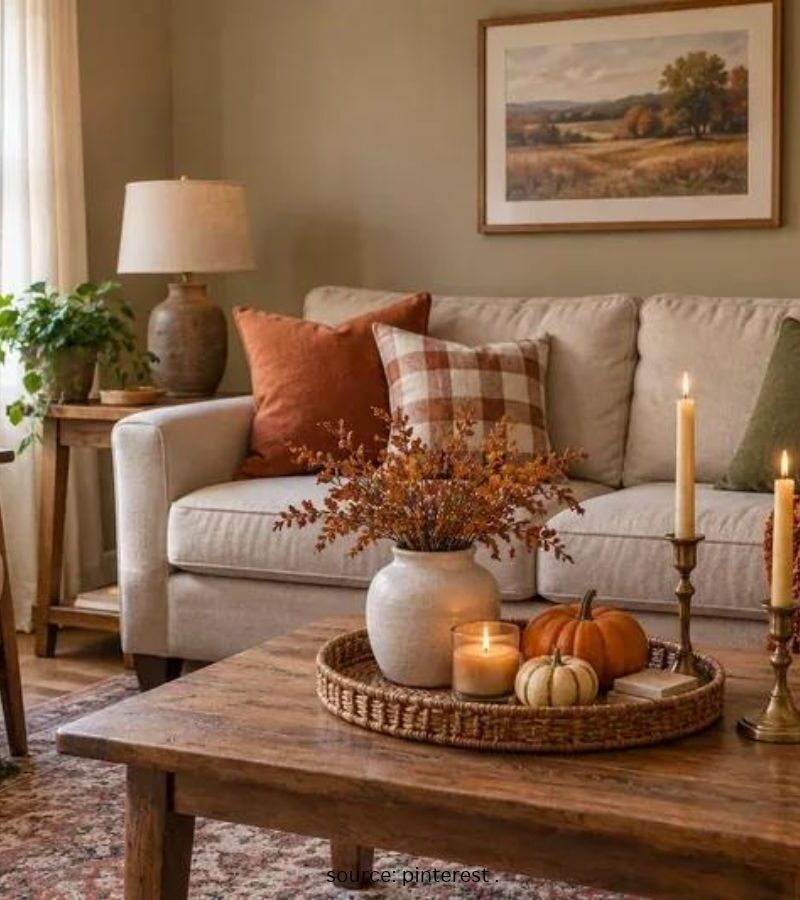 fall decorating ideas for a cosy living room with pumpkins and warm cushions