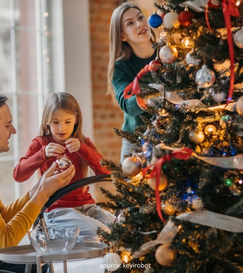 Family enjoying Christmas traditions together around a decorated tree