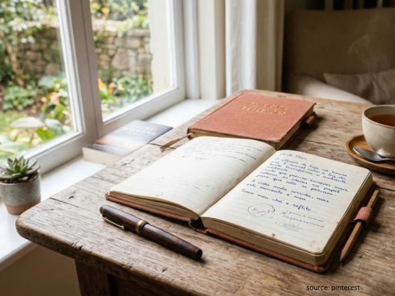 Open notebook and pen beside a warm cup of tea ready for a journaling session.