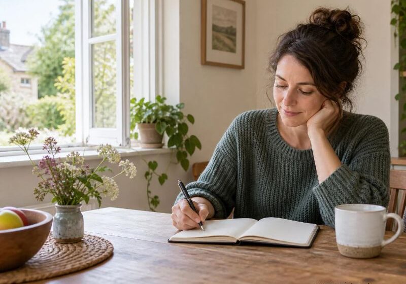 Hands writing personal reflections in a notebook at home.