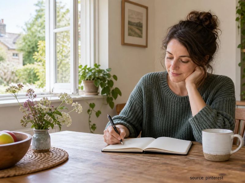 Hands writing personal reflections in a notebook at home.